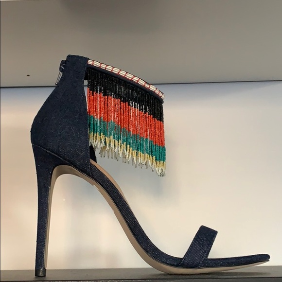 💕 NEW IN BOX ALDO FRINGE DENIM HEELED SANDALS